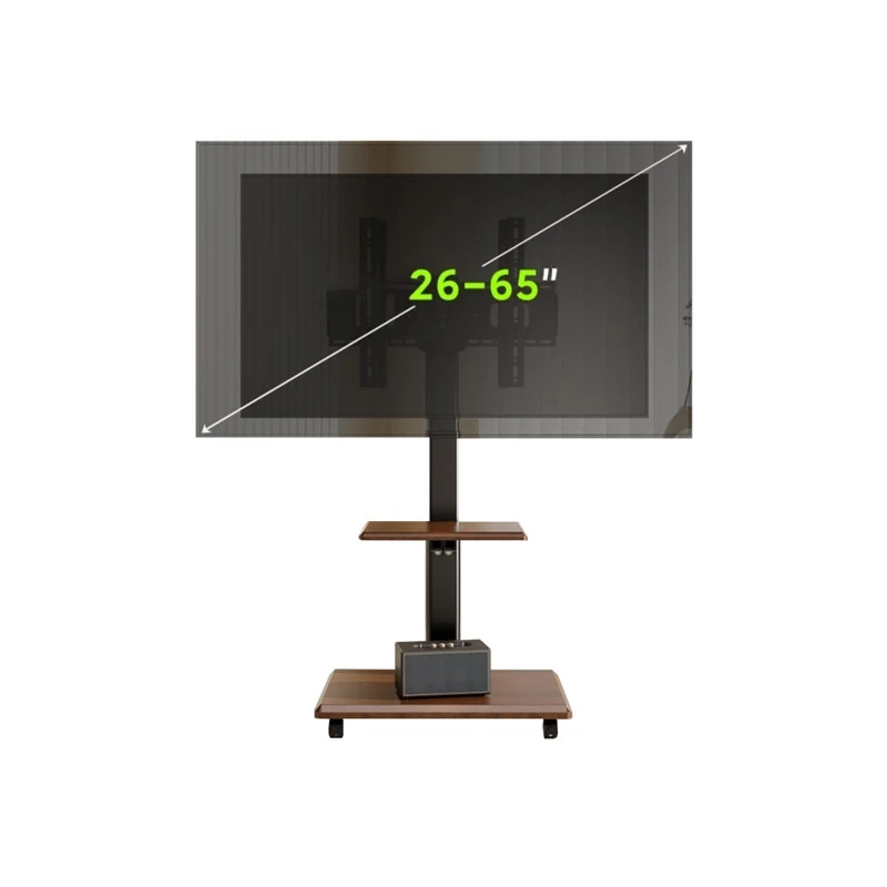 FLOOR TV STAND FOR 26-65" TELEVISIONS WITH MULTI TIER SHELVES DARK WOOD BLACK STEEL HARDWARE
