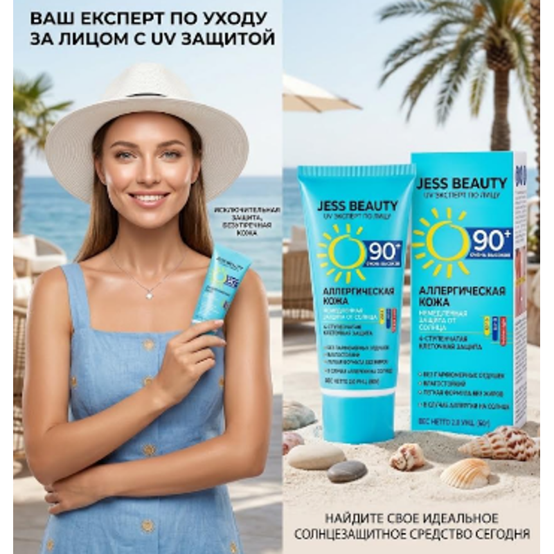 JESS BEUATY СОЛНЦЕЗАЩИТНЫЙ КРЕМ ДЛЯ ЧУВСТВИТЕЛЬНОЙ КОЖИ SPF 90 60 Г